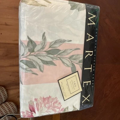 Vintage Martex Eternal CAL KING Fitted Sheet Pink White Floral New NOS - Image 1 of 4