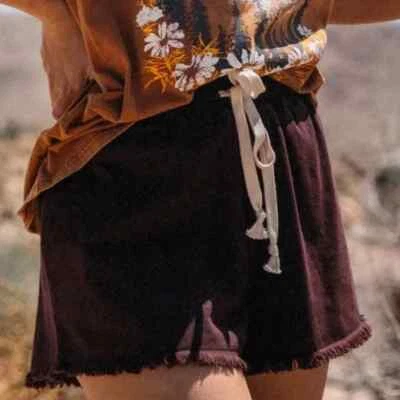 VOLCOM Women's Large Black Plum Strutin Stone Cotton Raw Hem Drawstring Shorts - Image 1 of 4