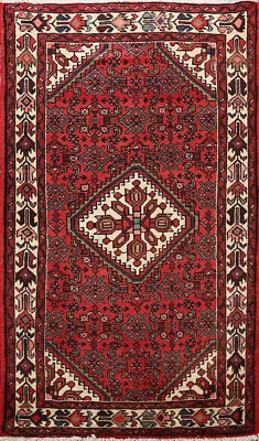 Geometric Tribal Hamedan Hand-knotted RED Area Rug Foyer Oriental 3'x5' Carpet - Image 1 of 4