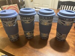Lot Of 4~ Temptations By Tara Old World Blue Coffee Tumbler / Cup 12oz Lids