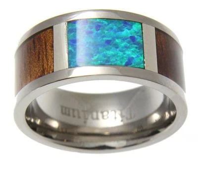 ANILLO BANDA ÓPALO INCRUSTACIÓN MADERA KOA HAWAIANO GENUINO TITANIO AJUSTE CÓMODO 10 MM Foto 1 de 4