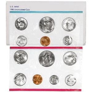 1980 P&D Mint Set with 13 Brilliant Uncirculated US Coins & Envelope (13 Coins) - Picture 1 of 2