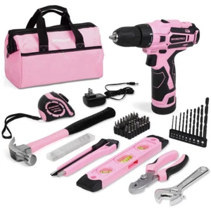 WORKPRO 12V Pink Cordless Drill Driver Set Home Tool 61PC Hand Tool Set Bag Pink - Picture 1 of 9