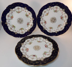3 Coalport 5205 Cobalt Gilded Floral Swag 9" Dinner Lunch  Plates  c1890 VGAC - Picture 1 of 16