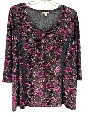 Camisa túnica feminina de veludo burn-out roxa rosa floral 3X capricho fada grunge - Imagem 1 de 4