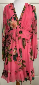 Abito nuovo con etichette Alex Marie taglia 10 rosa verde floreale manica lunga aderente e svasato $168 - Foto 1 di 9