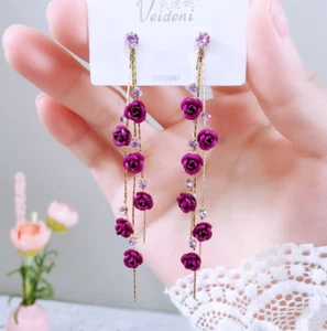 Purple Rose Petal Tassle Earrings, Elegant Jewlery, Gift for Wife, Girlfriend - Picture 1 of 3