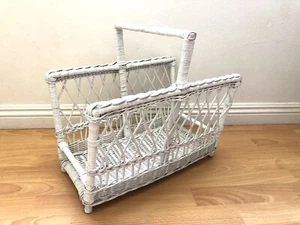 Vintage Wicker Magazine Rack Painted White Shabby Chic Cottage 18" x 12" x 16.5” - Picture 1 of 7