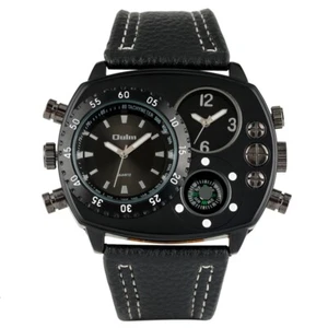 Oulm Men's Watch Military Sport Quartz Watches Leather Band Two Time Compass - Picture 1 of 14