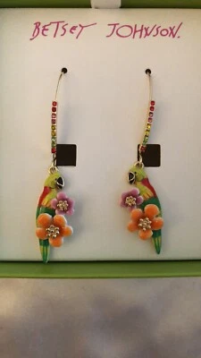 Betsey Johnson Gold Tone Rainbow Parrot & Flower Drop Earrings NIB - Image 1 of 4