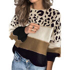 Casual Office Wear Crew Neck Striped Women Sweater Leopard Print Long Sleeves