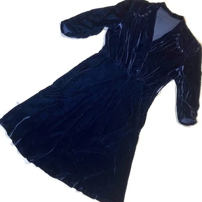Vtg 40s 50s Blue Silk Velvet Rockabilly Retro Pinup Swing Tea Holiday Party Dres - Image 1 of 4