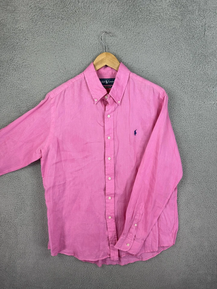 Camisa Ralph Lauren Para Hombre Grande Rosa Lino Ajuste Personalizado Botones Manga Larga Hombres Foto 1 de 4