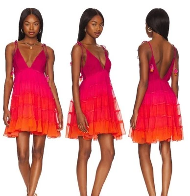 Rococo Sand Skye Mini Dress Large Pink Orange Tiered Vacation Beachy Boho Chic - Image 1 of 4