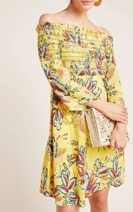 Farm Rio Bria Smocked Mini Dress Yellow Floral Off Shoulder S Petite Lined  - Picture 1 of 11