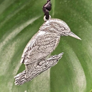 Kingfisher Bird Necklace Pendant Thin Cord Detailed Branch (Pewter, Made in UK) - Picture 1 of 16