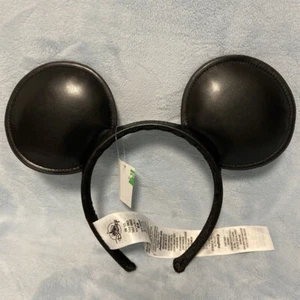 Authentic Disney Park Mickey Mouse Solid Black Faux Leather Ear Headband - Picture 1 of 3