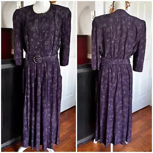 Vtg Periwinkle Belted Dress Sz 14 Purple w/ Gold Floral Print Midi Career - Picture 1 of 15
