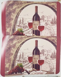 Set of 2 Kitchen Plastic Placemats(12"x18")WINE & GRAPES,1 BOTTLE & 2 GLASSES,GR - Picture 1 of 14