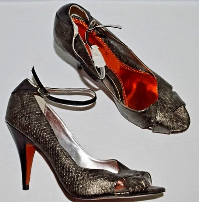 LUICHINY NEW 10 M PEWTER SNAKE PRINT LEATHER OPEN TOE ANKLE STRAP PUMPS HEELS  - Image 1 of 4