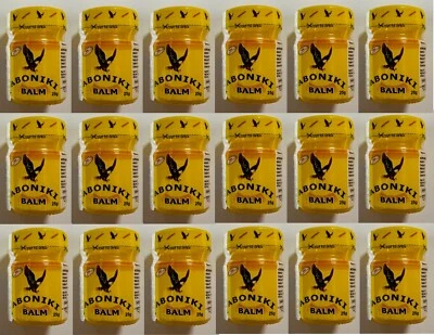 18 x Aboniki Balsam lindert Schmerzen, Schmerzen, Rückenschmerzen, Verstauchungen & Luxation Erkältung 25g.