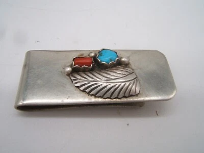 NAVAJO MONEY CLIP STERLING TOP CORAL & TURQUOISE - Image 1 of 4