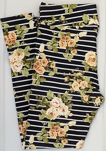 TC2 LuLaRoe Tall & Curvy2 Leggings Cute Roses on Black White Stripes NWT K73 - Picture 1 of 6