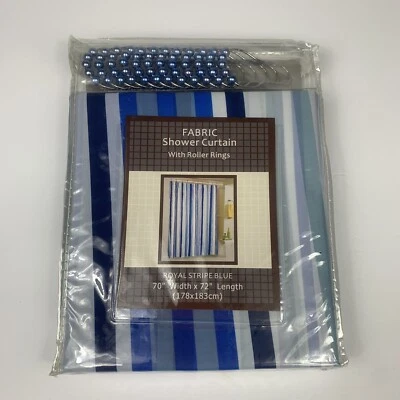 Cortina de Ducha de Tela Rayas Reales Azul Poliéster 70" x 72" con Anillos Rodillos Nueva Foto 1 de 4