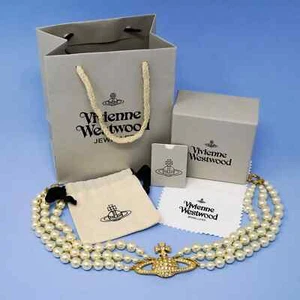 Vivienne Westwood Gold Tone Triple Bas Relief Pearl Orb Choker Necklace Gift Set - Picture 1 of 8