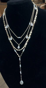 4 Strand Necklace Cross Tear Charms Gray Glass Bead Pendant Gold Tone Chain - Picture 1 of 5