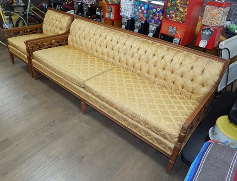 Union Bros Gold brocade buttoned Mid century Hollywood Regency sofa couch chair Cover