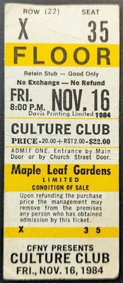 1984 Unused Culture Club Concert Full Ticket Maple Leaf Gardens MLG Tokyo - Image 1 of 2