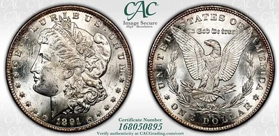 1891 CC MORGAN SILVER DOLLAR SPITTING EAGLE VAM3 CACG MS62 - Image 1 of 3