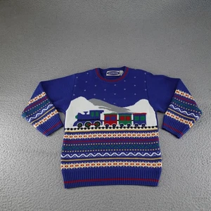 Vintage Express Sweater Boys Large Blue Train Locomotive Winter Knit Acrylic 90s - Picture 1 of 18