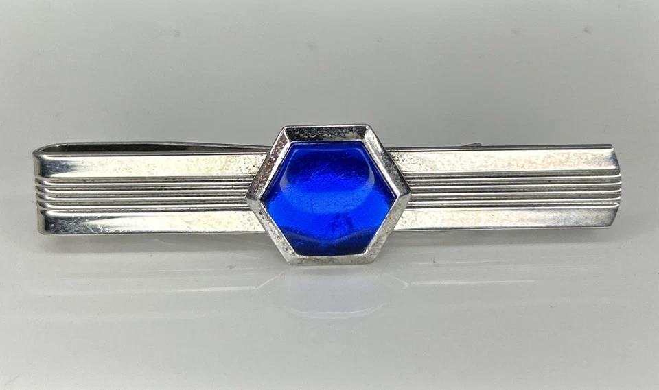 Clip de corbata de vidrio azul vintage metal tono plata usado Foto 1 de 4