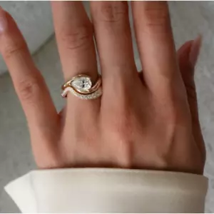 Diamond Ring Set Pear 1.40 Carat IGI HRD Lab Created 14K Yellow Gold 5 6 7 8 - Picture 1 of 13