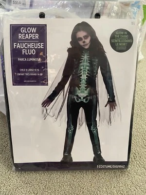 Glow In The Dark Reaper Grim Skeleton Halloween Costume Child Size XL 14-16 - Image 1 of 4