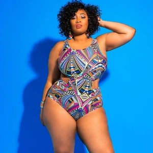 Womens one piece swimsuit geometric shape cutout plus size - Picture 1 of 2