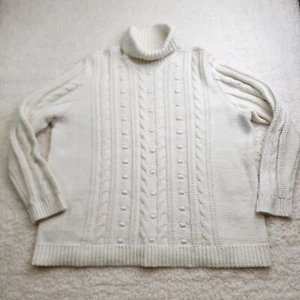 Lands End Sweater 1XL White Turtle Neck Cable Knit Fisherman Chunky Long Sleeve - Picture 1 of 9
