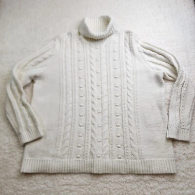 Lands End Sweater 1XL White Turtle Neck Cable Knit Fisherman Chunky Long Sleeve - Image 1 of 4