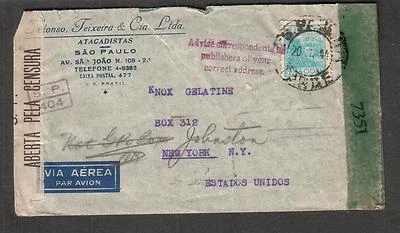 1944 WWII Brazil & US censor cover Sao Paulo to USA/advise your correct address  - Image 1 of 2