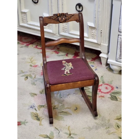 Vintage Child's Rocker Needlepoint Seat, 1940s Small Rocking Chair Tapestry Seat Cover