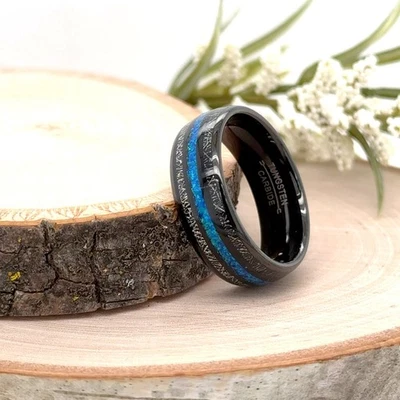 8mm Black Tungsten Christmas Gift Ring Blue Opal & Silver Meteorite fashion Band - Image 1 of 4