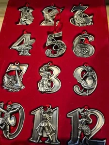 Vintage Twelve Days Of Christmas Pewter Ornaments Set of 12 Original Boxed - Picture 1 of 4