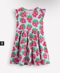 NWT Mini Boden Misty Blue Spotty Strawberry Posie Frill Sleeve Dress 5-6Y - Picture 1 of 4