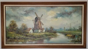 Oil Painting Wind mill Vintage~Large Beautiful piece Signed - Picture 1 of 8