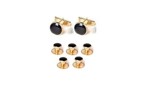 NEW Gold Black Tuxxman Tuxedo Cuff links Shirt 5 Studs Formal Set Tux TUXXMAN - Picture 1 of 2