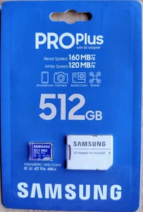 Samsung Pro Plus 512GB MicroSD Card – UHS-I U3, High-Speed Memory w/ SD Adapter - Photo 1 sur 4