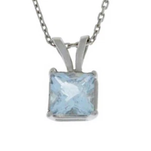 14Kt Gold Genuine Aquamarine Princess Cut Pendant Necklace - Picture 1 of 4