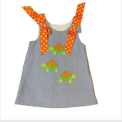 Kelly’s Kids Girls Gingham Turtle Dress, Orange White Polka Dot bows, XXS (2) - Image 1 of 4